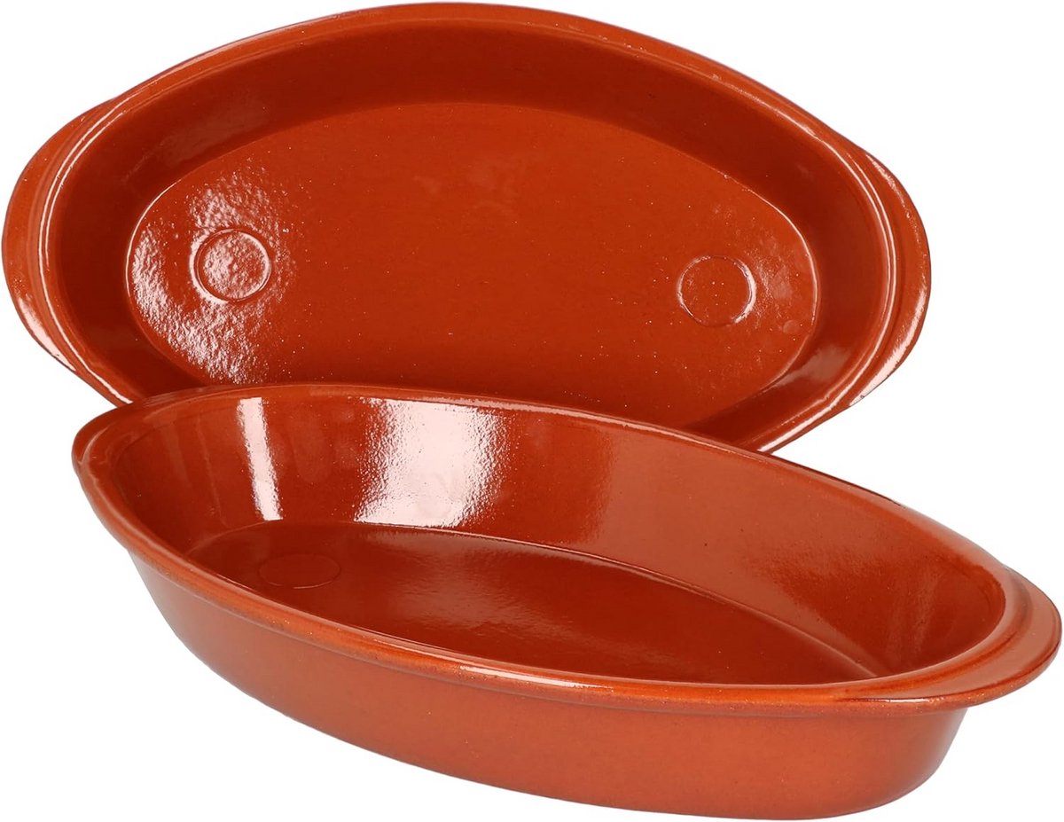 Set van 2 Ovale Ovenschalen van Mediterrane Klei - 1 Liter - Handgemaakt en Geglazuurd