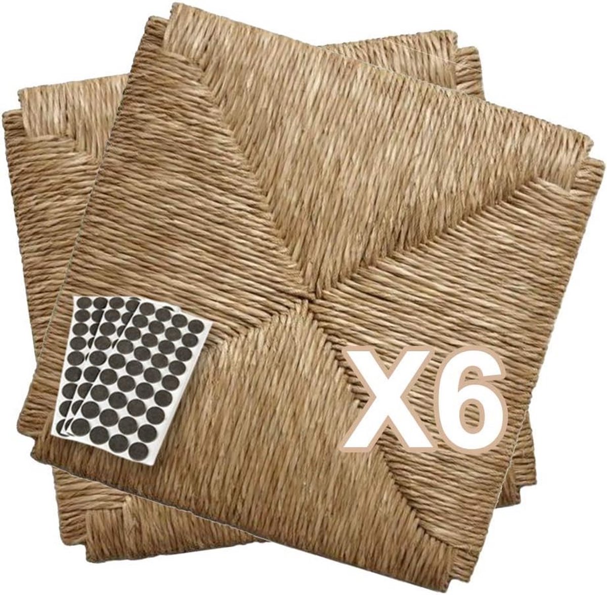 Set van 6 rieten stoelzittingen van stro, 37x37 cm, vervangend zitvlak met viltglijders