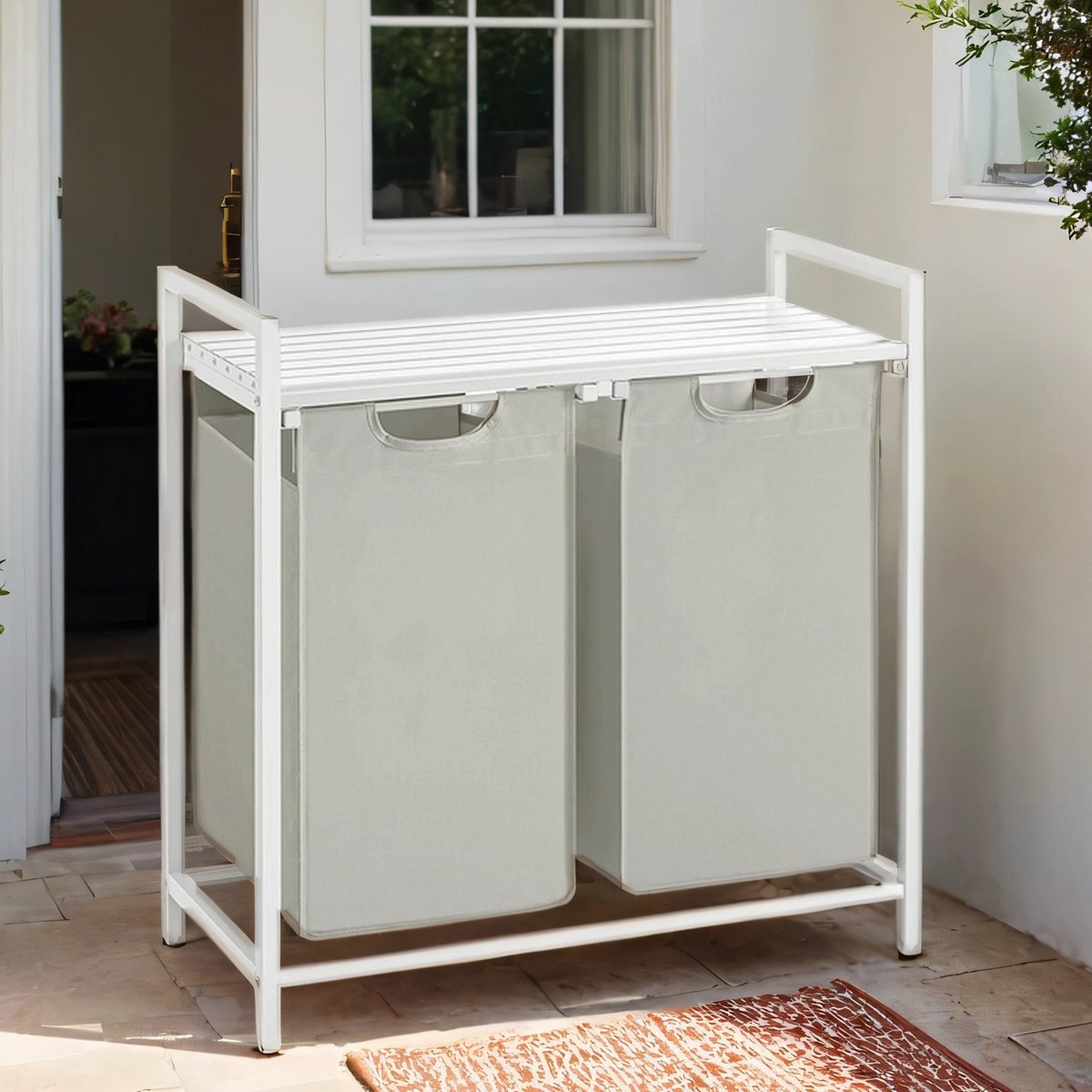 Wasmand – Stof – Wit – Dubbel compartiment met 2 uitneembare zakken