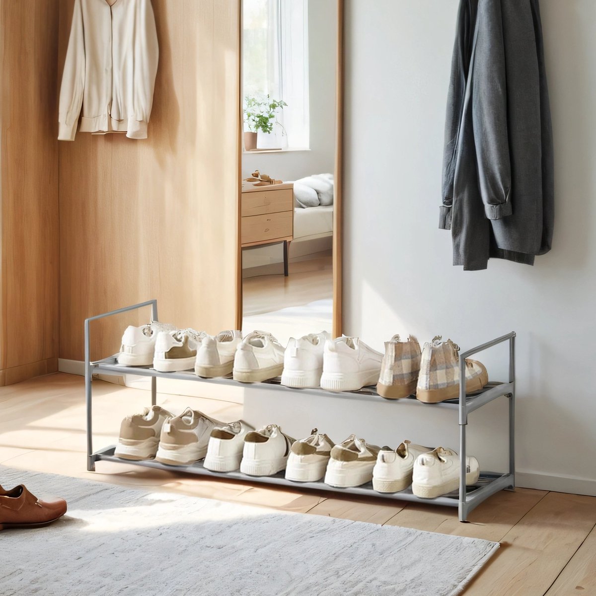 Songmics Schoenenrek – Metaal – Grijs – Stapelbare organizer met 2 lagen voor 12-15 paar schoenen