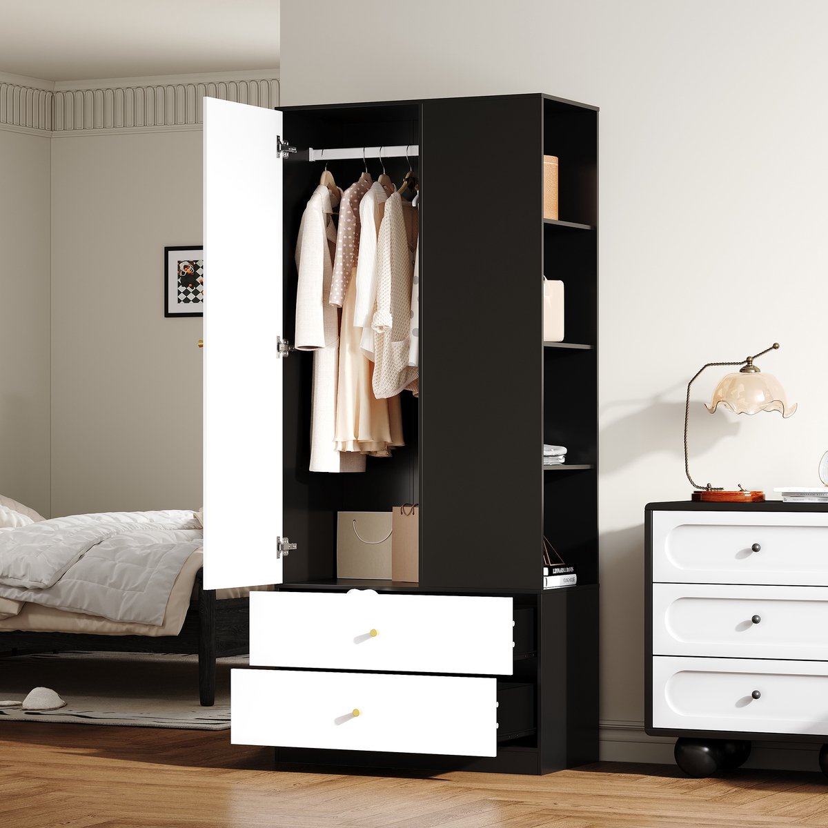 Clruro Kledingkast - B80xD40xH180 - Met Spiegel 1 Deur 2 Laden 4 Planken - Modern Garderobe - Hout - Wit/Zwart Wit+Zwart
