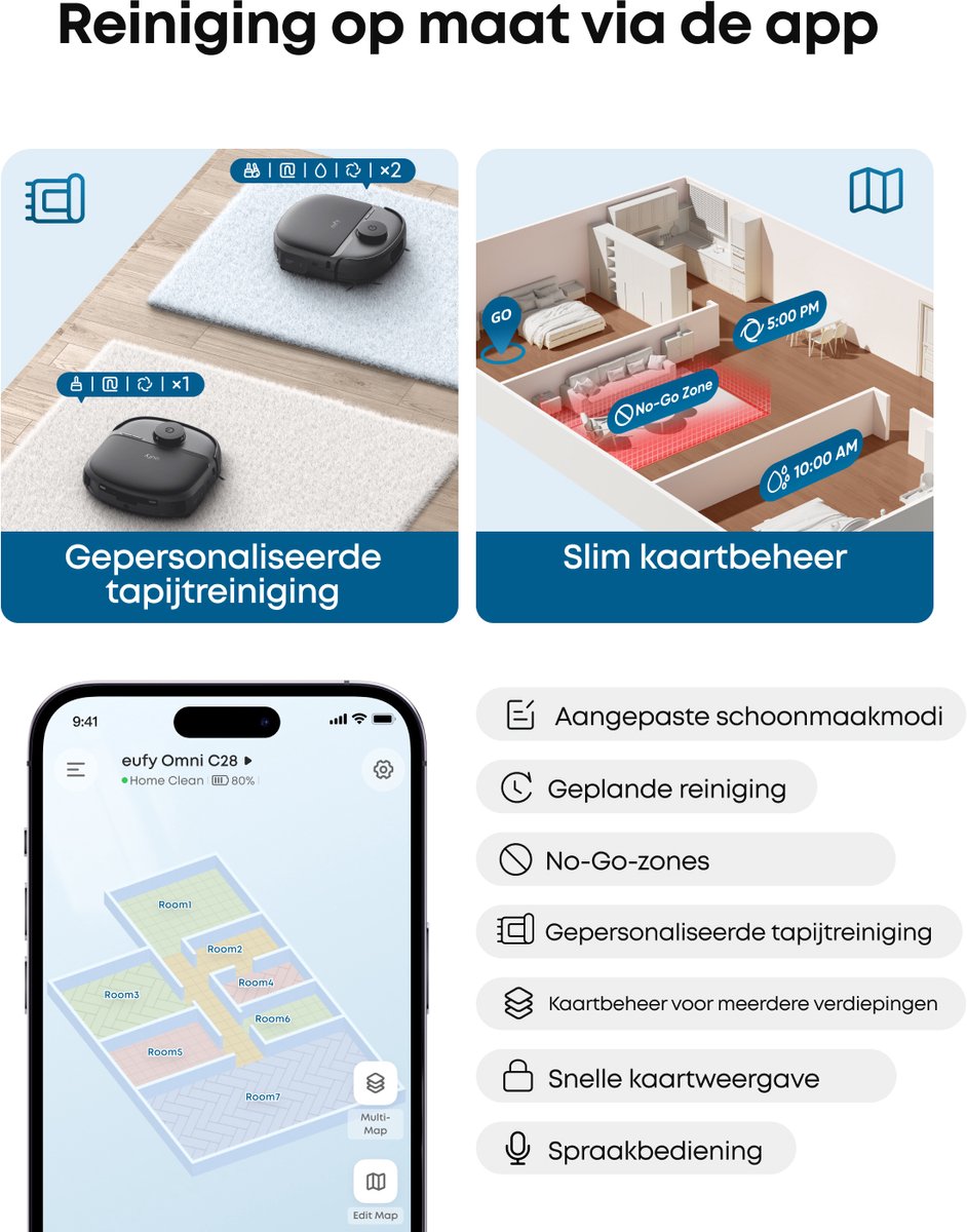 eufy Nieuw 2026 Robotstofzuiger met Dweil C28 Omni, HydroJet-zelfreinigende Dweilrol, Upgrade van X10 Pro, 15.000 Pa Zuigkracht, Alles-in-één Station, Automatisch Dweilen en Drogen, AI-obstakeldetectie — afbeelding 6
