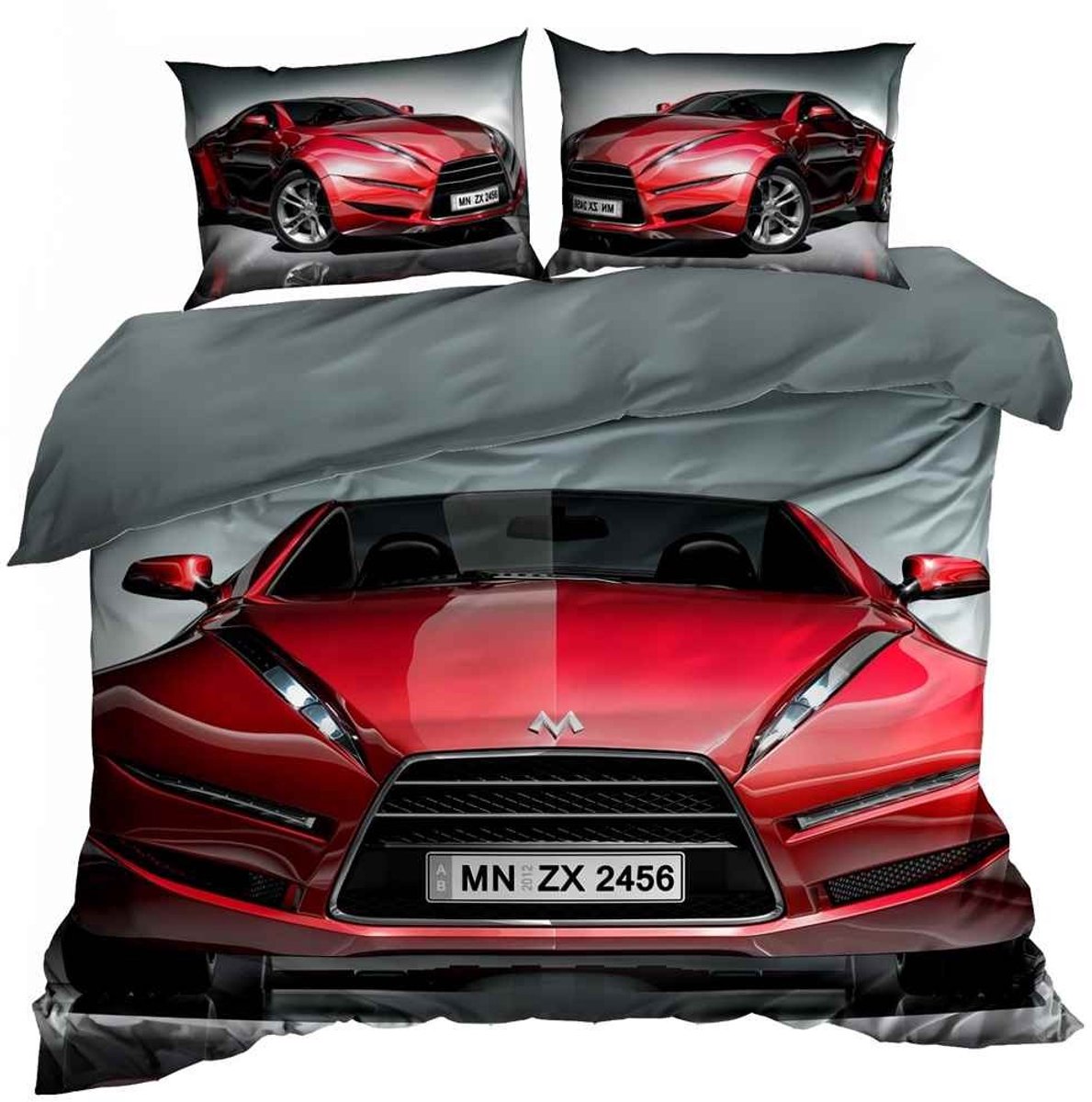 Luxe 3D Dekbedovertrekset - Katoen Satijn - 160x200 cm - Inclusief 2 Kussenslopen 70x80 cm - Design: Rode Sportwagen - Automotive Style - Grijs/Rood