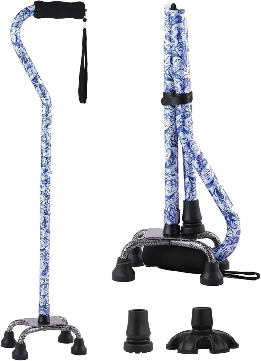 Inklapbare 4-Potige Loopstok met Antislip Basis en Comfortabel Handvat - Lichtgewicht Aluminium Wandelstok voor Heren en Dames