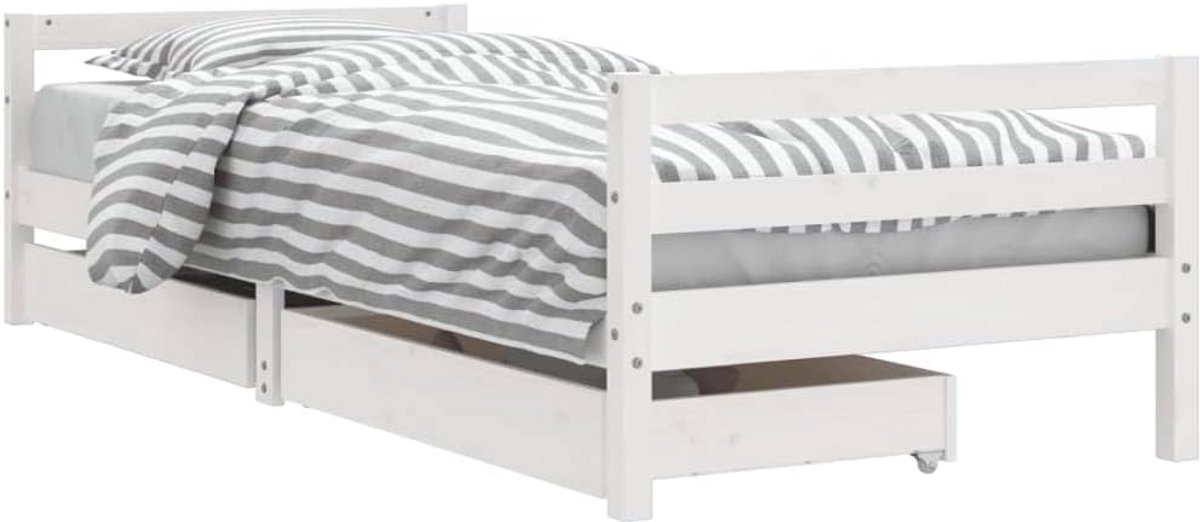 Kinderbed met Opberglades 90x200 cm Massief Grenenhout Wit - Junior Kinderbed