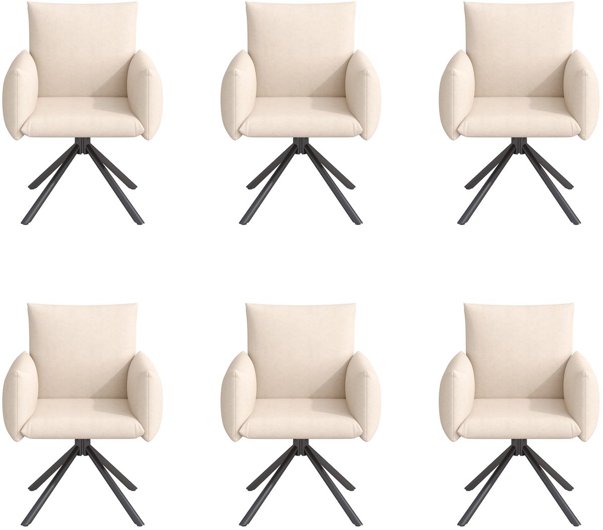 Merax Set van 6 Draaibare Eetkamerstoelen met Armleuningen – Velvet/Fluweel – 360° Draaistoel – Zwarte Metalen Poten – Ergonomisch met Lendensteun – Beige