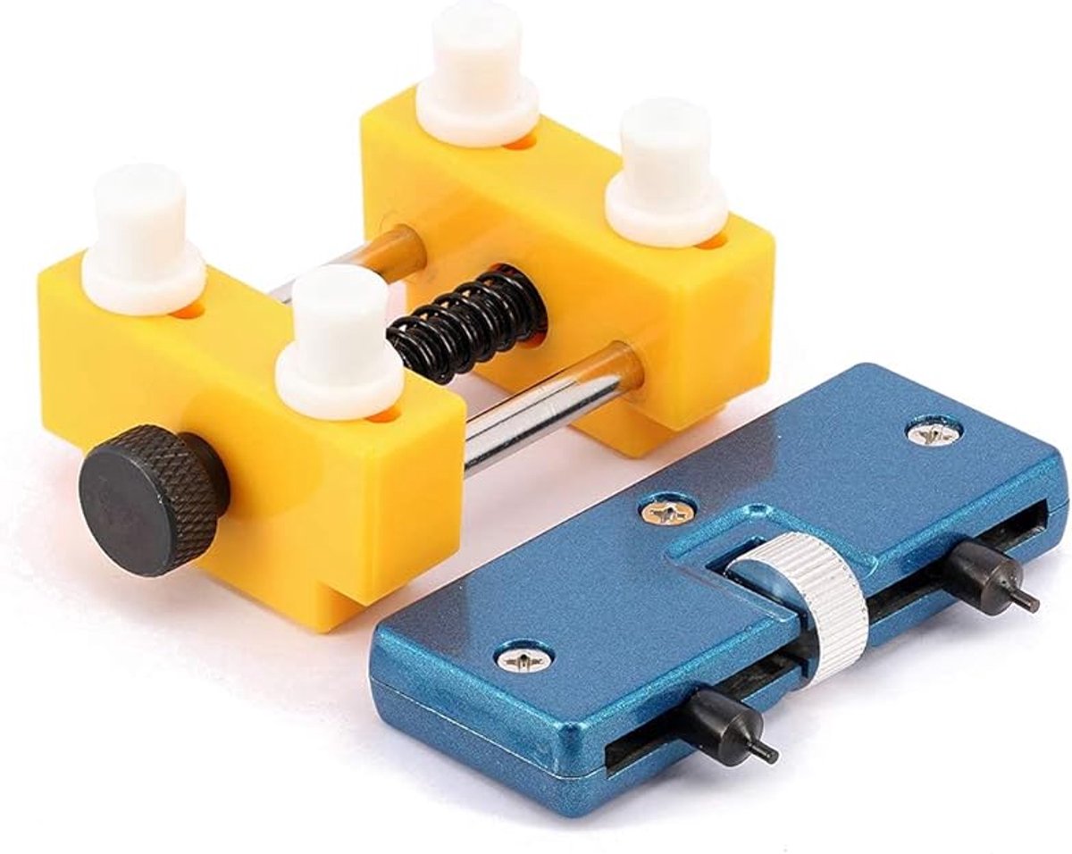 Daity Een gereedschapsset voor het vervangen van horlogebatterijen, inclusief een gereedschap om de achterkant van het horloge te verwijderen en een horlogeopener (geel en blauw).