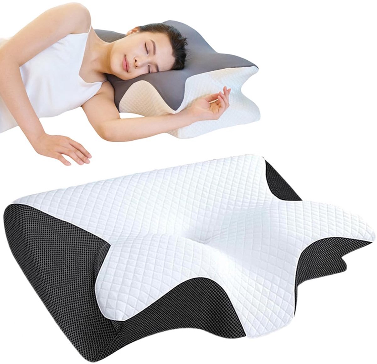 Ondersteuningskussen - 2-in-1 ergonomisch nekkussen - traagschuimkussen, kussens met verbeterde dikte, cervicale ondersteuning voor een betere slaap, comfortabel