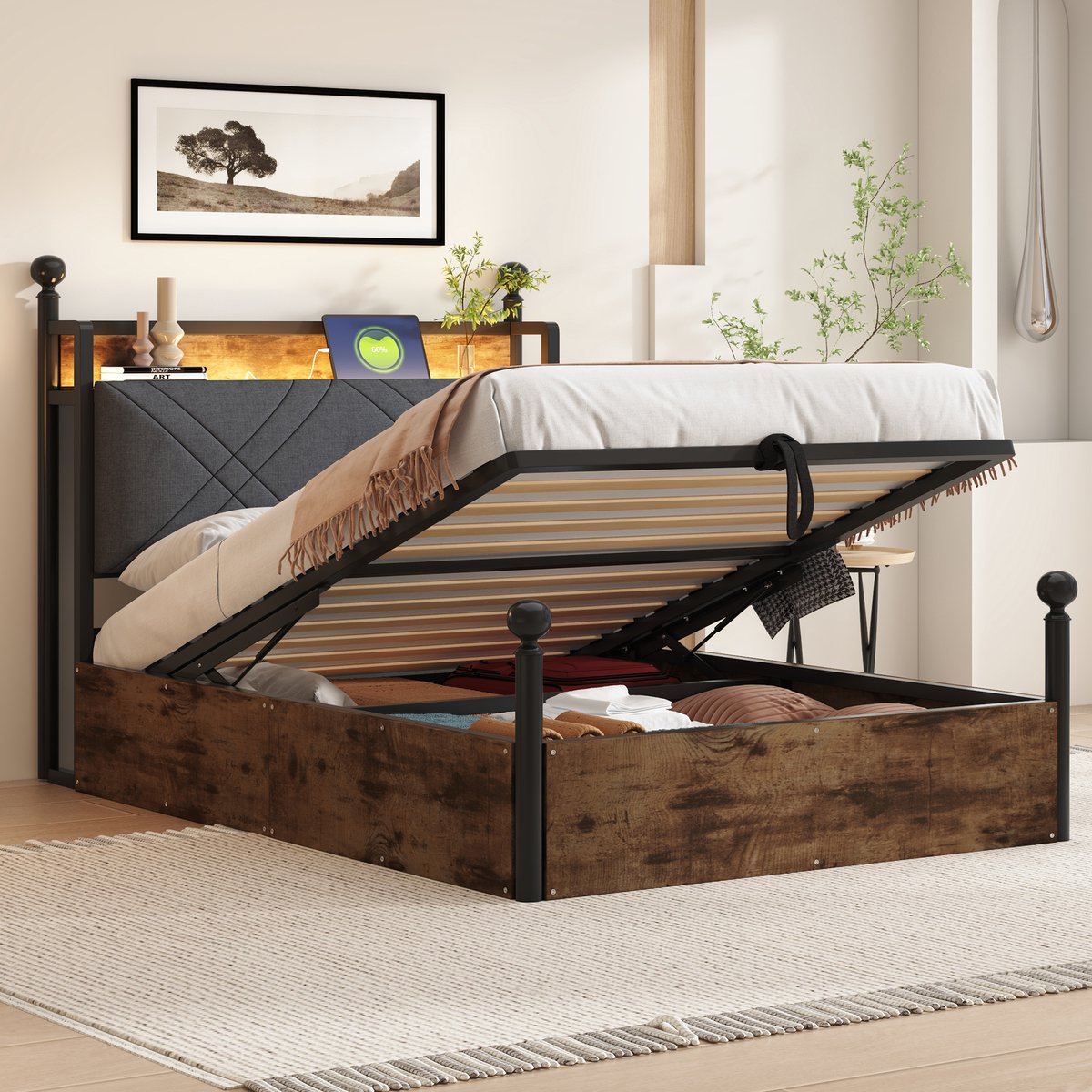 REDOM opbergbed 90x190 cm – Metaal zwart met houtlook panelen – Hydraulisch liftsysteem – Afneembaar hemelbed-frame – LED (app/spraak/timer) – Stopcontact + USB + Type-C – Gestoffeerd schuimgevuld hoofdbord – 120 kg