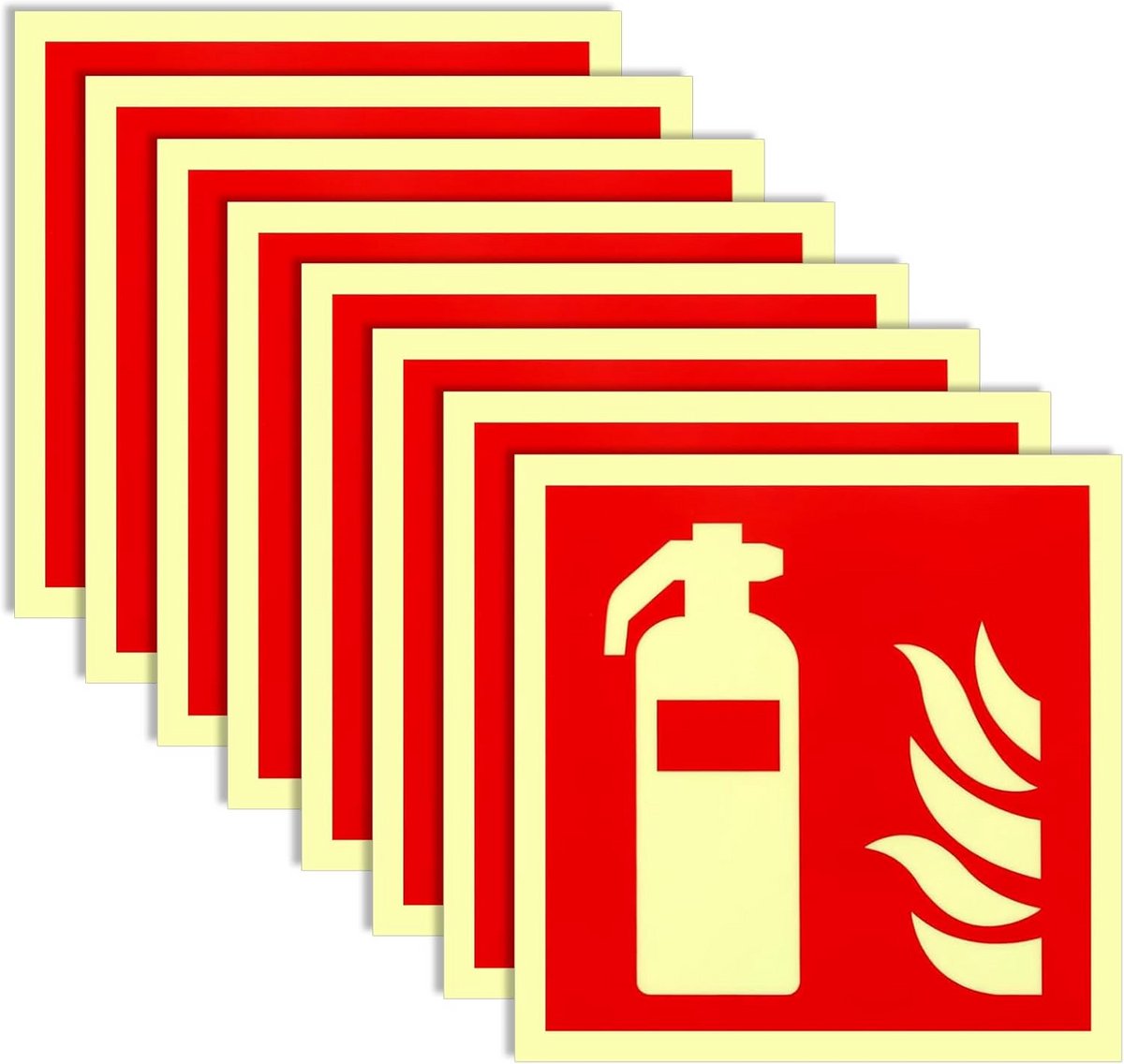 8x Zelfklevende Brandblusser Borden 15x15 cm - Oplichtend Veiligheidssymbool voor Thuis, Kantoor of Werk