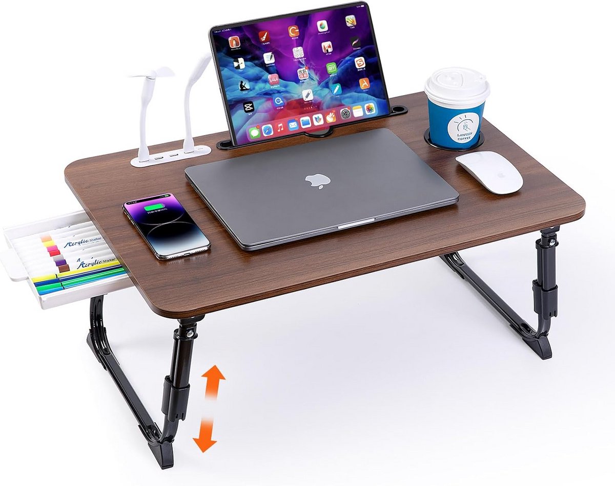 In hoogte verstelbaar laptopbureau voor in bed met opbergruimte en bekerhouder