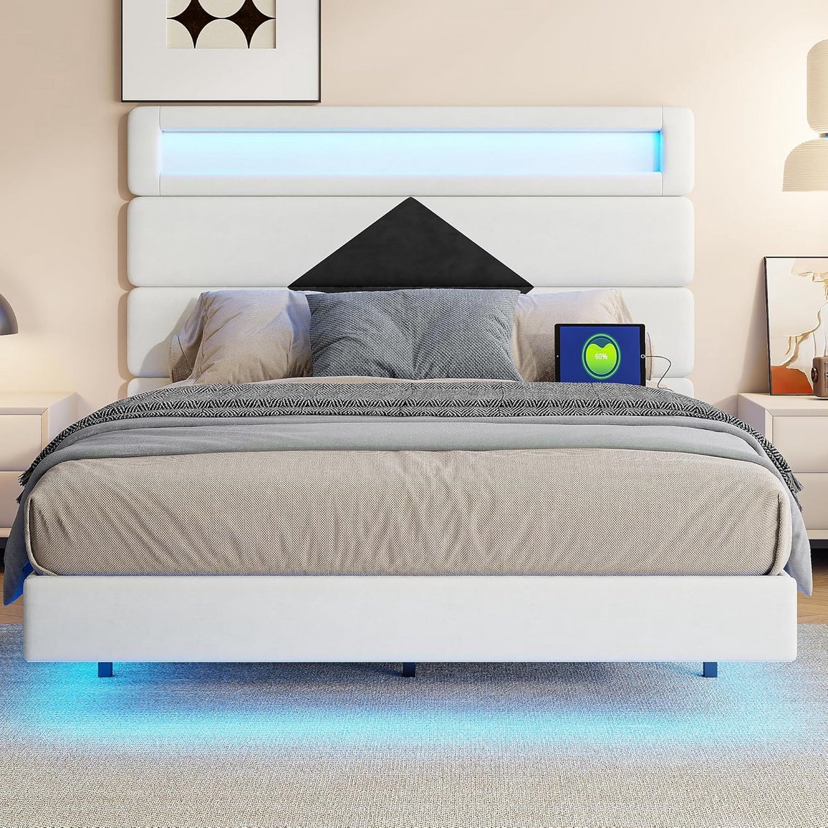 Tweepersoonsbed Platformbed Fluweel 140x190 cm met USB Oplaadpoorten en LED Verlichting