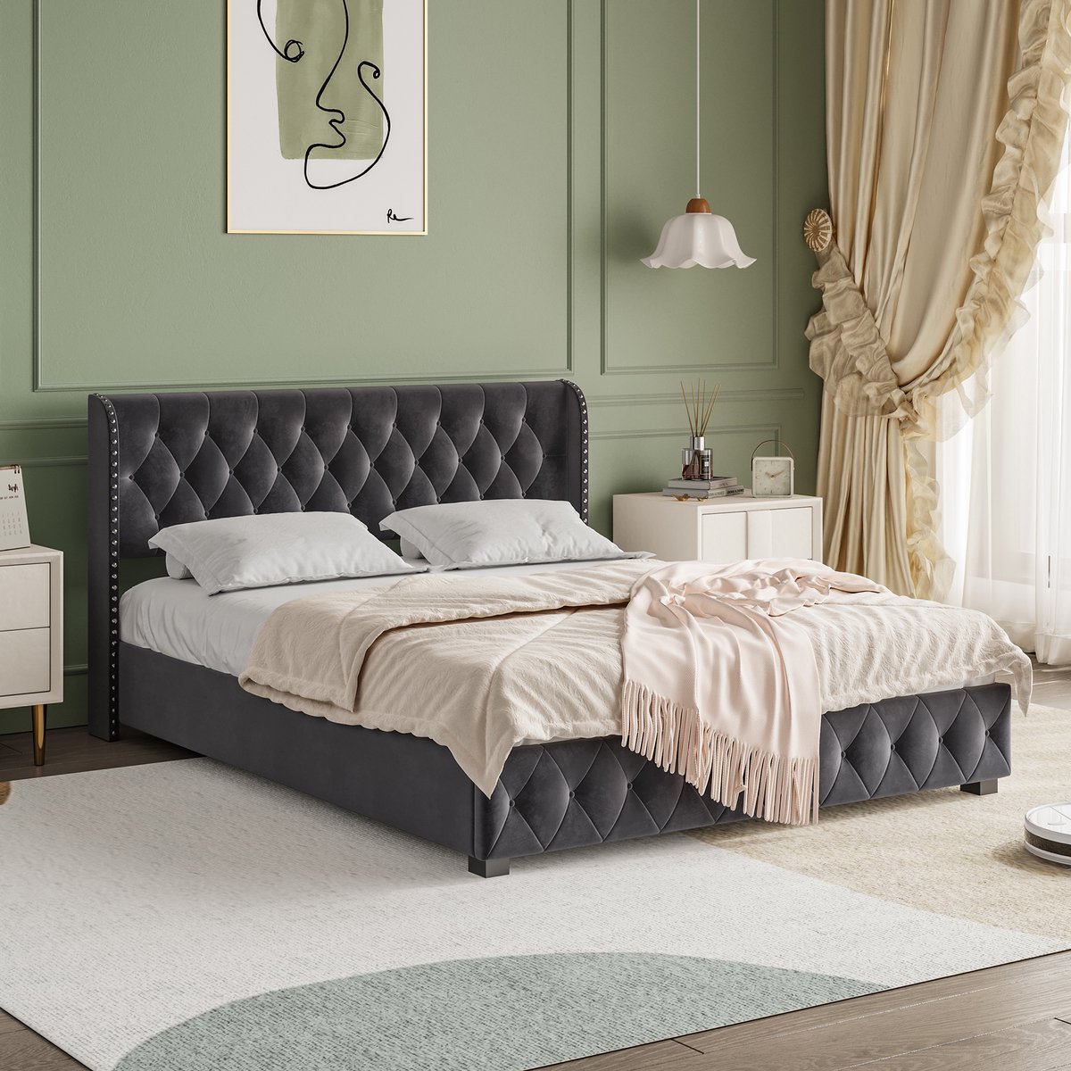 Tweepersoonsbed 160 x 200 cm met opbergruimte Gestoffeerd bed met hydraulische opbergruimte Hydraulisch bedframe met hoofdbord Fluweelstof kinderbed zonder matras (Fluweel, Grijs, 160 x 200 cm)