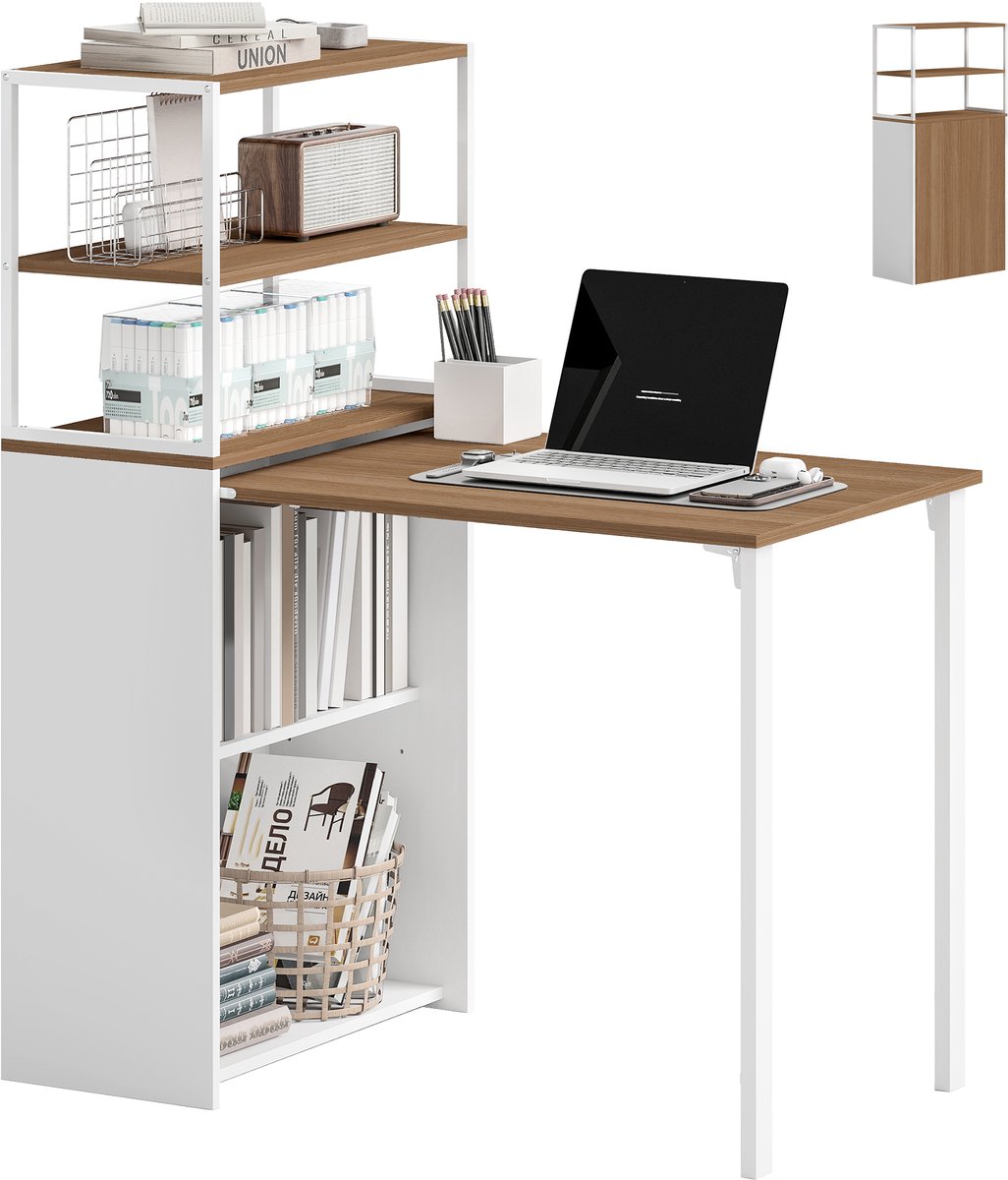 Homcom Desk with Shelves-Spaanplaat, Staal-105L x 60B x 127H cm-Natuurhout