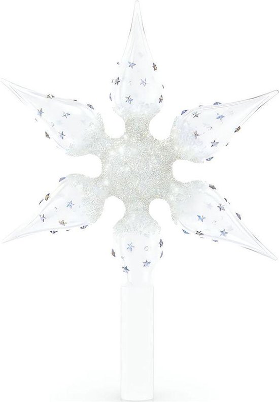 Glazen kerstboom piek in de vorm van een ster met sterretjes en glitter.