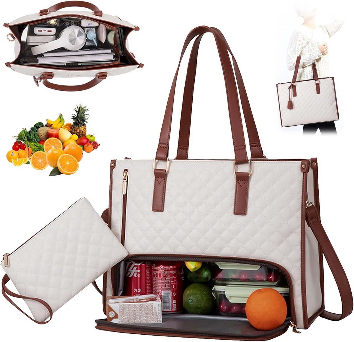 Grote Tote Tas met Geïntegreerde Koeltas voor 15.6 Inch Laptop