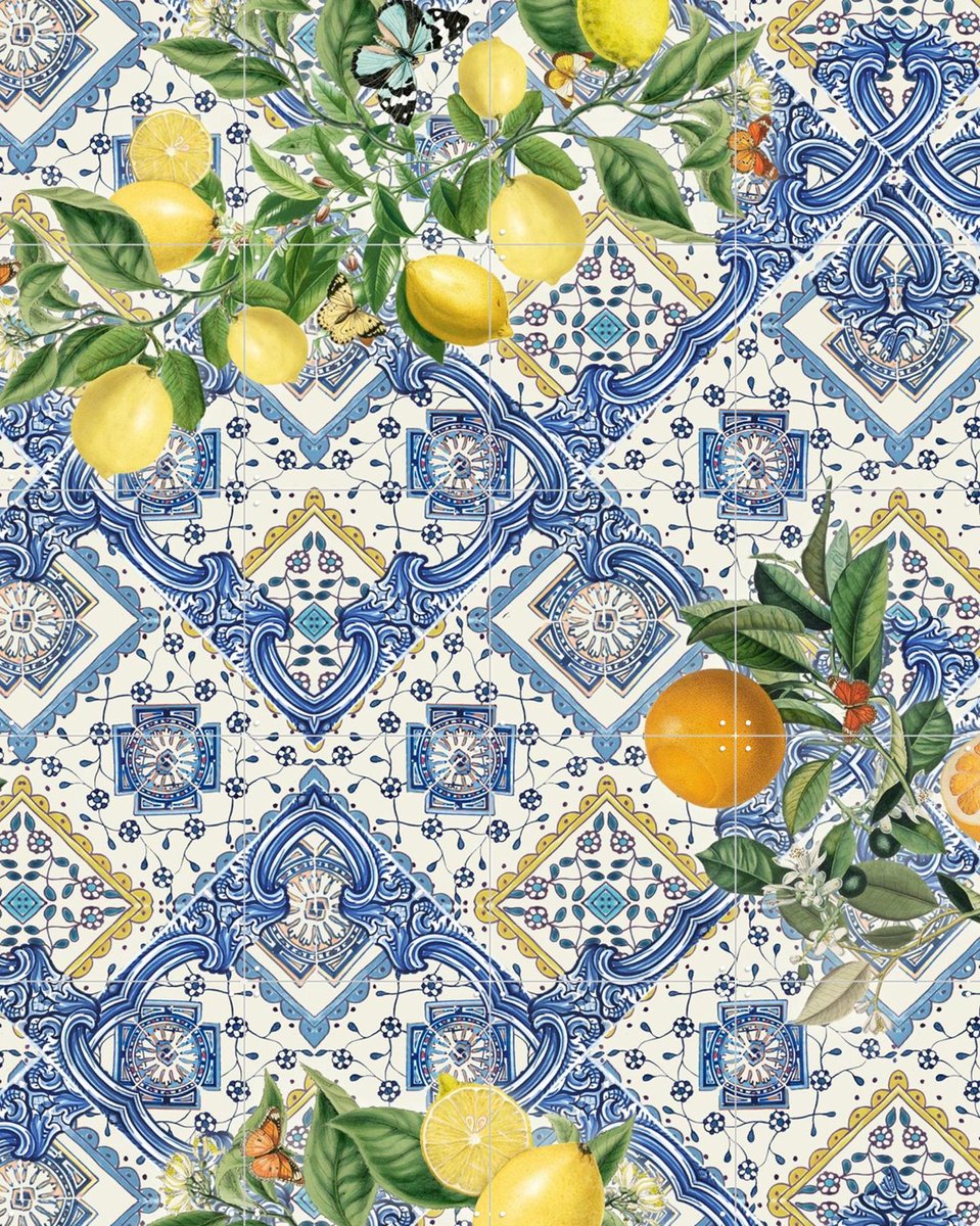 IXXI Mediterranean tiles lemons and oranges III, Bloomery Decor - 80 x 100 cm - Gratis ophangtool - Grote wanddecoratie en posters - Decoratieve