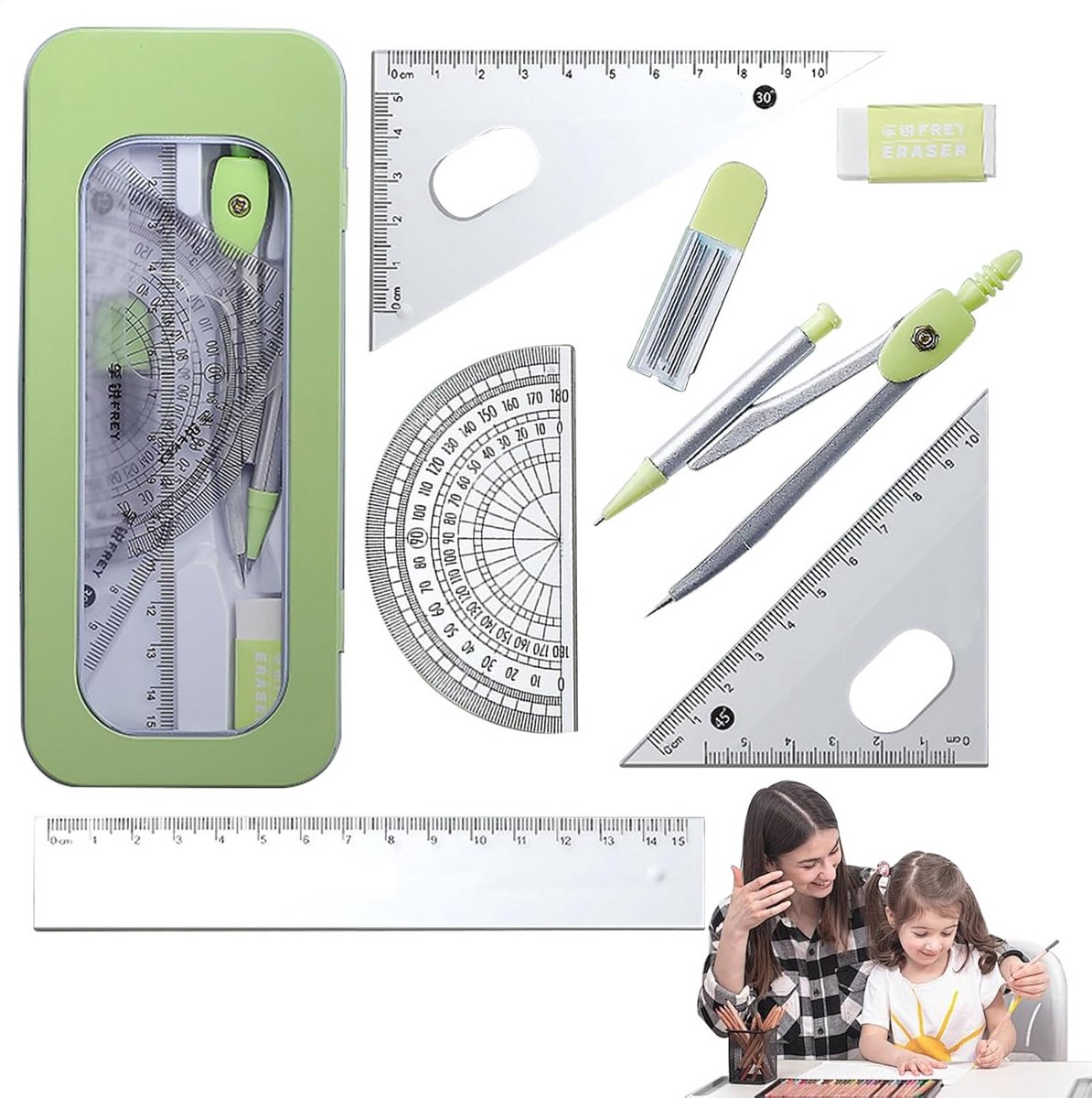 Complete Geometrie Set met Passer, Liniaal en Graduatieboog voor School en Tekenen
