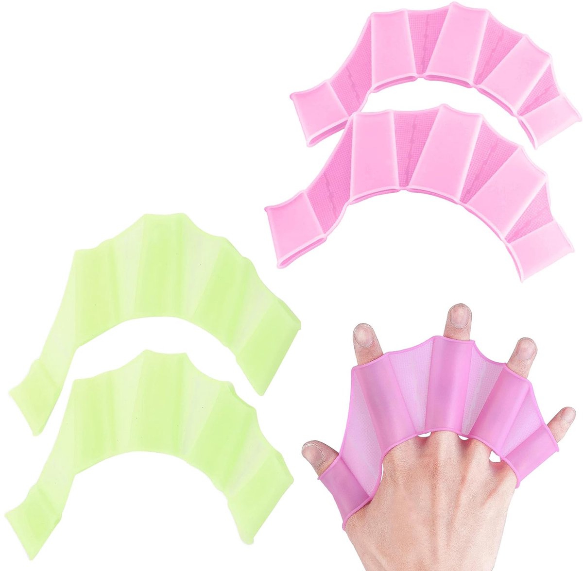 Zwemvliezen voor training, groen en roze, 2 stuks met handvinnen.