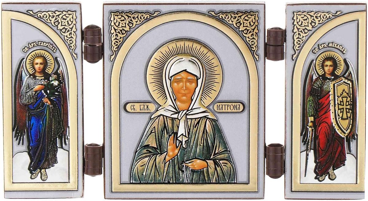 Christelijk Drieluik Houten Icoon Heilige Matrona Reizend Altaar