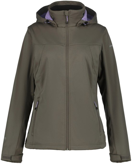 Donkergroene softshell jas met paarse voering, ritsen en capuchon.