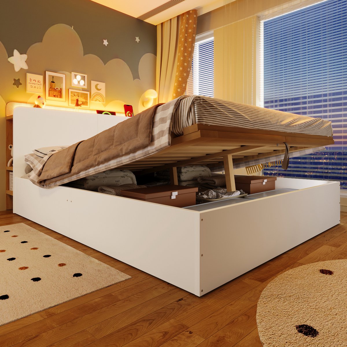 MODFU Bedframe 140x200 cm van grenenhout en MDF, met hydraulische opbergruimte, LED en USB/Type-C