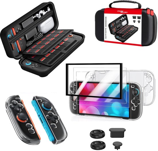 Set van accessoires voor Nintendo Switch 2, inclusief tas, hoes, screenprotector en joystickdoppen.