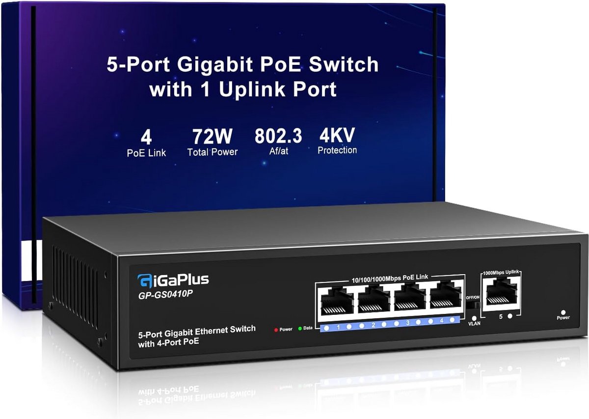 5 Poort Gigabit PoE Switch met 4x PoE+ en 72W Vermogen