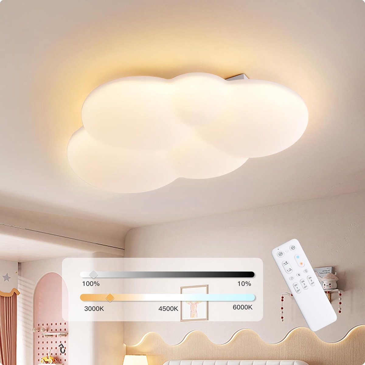 MELVRA Plafondlamp Kinderkamer - LED Plafondlamp - Wolk - Dimbaar - Meisjes Slaapkamer - 30 cm - 20W - Met Afstandsbediening - 3000-6000K - Verstelbare Lichtkleur - Kinderlamp - Wit