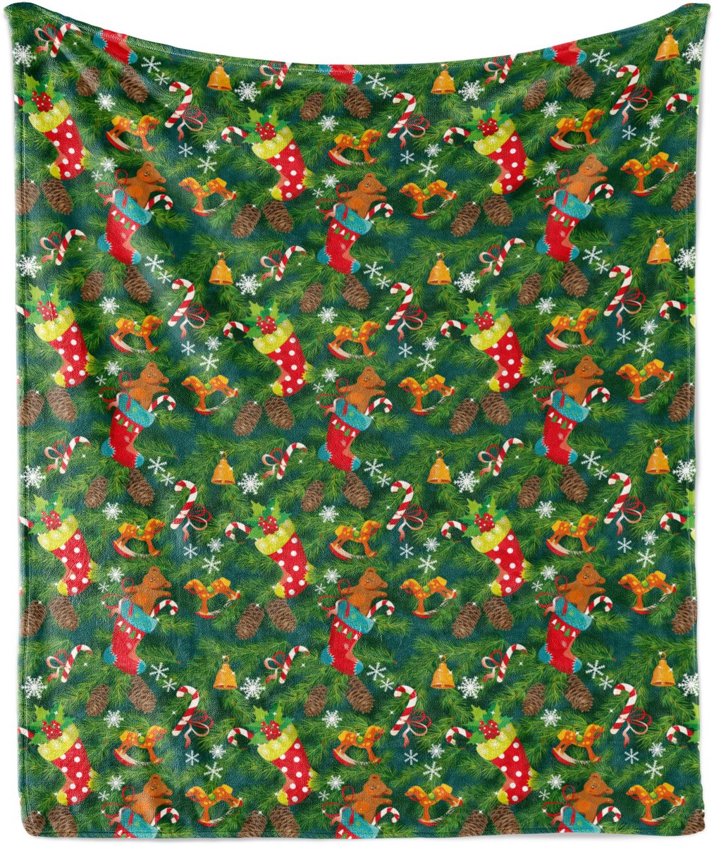 ABAKUHAUS Kerstdeken van zacht flanellen fleece, kerstaccessoires met dennenmotief, knusse pluche plaid, 125 x 175 cm, donkergroen, bruin en rood