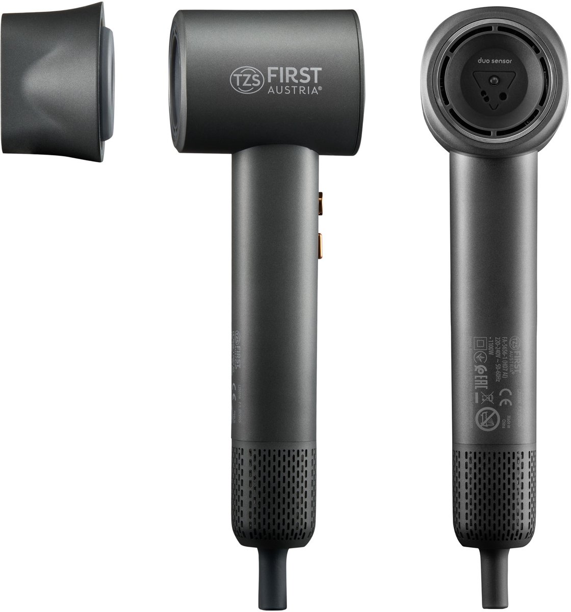 TZS First Austria Duo Sensor Föhn - 1100W - Ionische Haardroger - 110.000 tpm - Plasmatechnologie - Ultralicht - Grijs