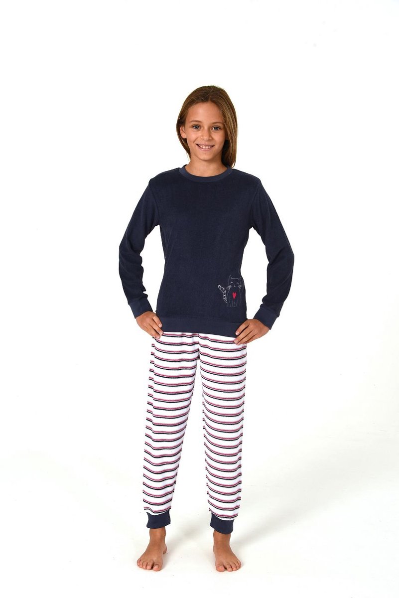 Normann Meisjespyjama, badstof pyjama met manchetten en een schattig motief - gestreepte look navy