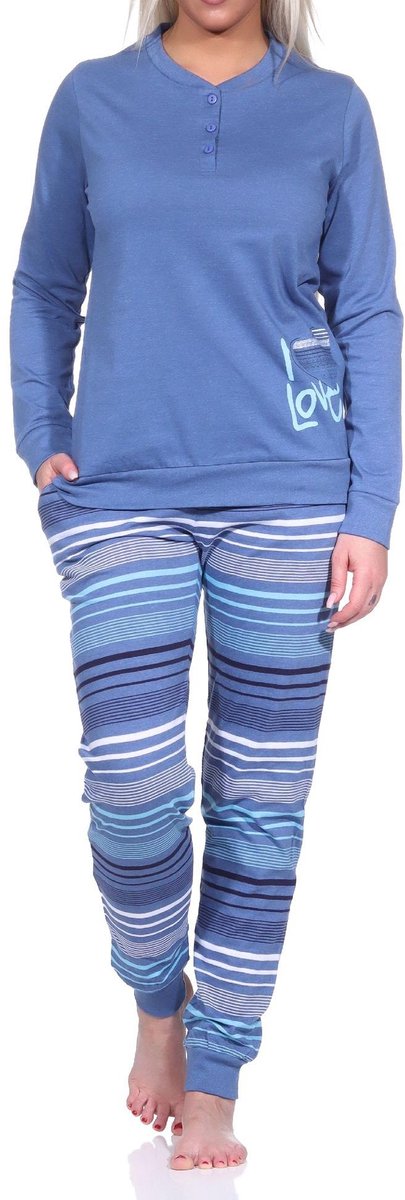 Normann Elegante damespyjama met manchetten en gestreepte broek + hartjesmotief - ook in overmaten blau-melange