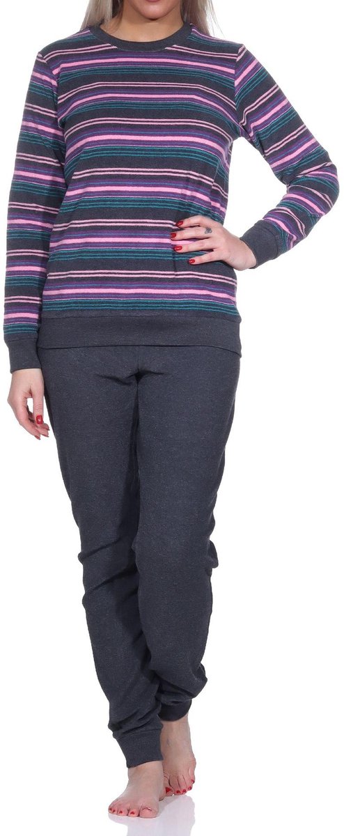 Normann Dames Knuffel Badstof Pyjama met Manchetten - Streepjes Optiek - Ook in Overmaten anthrazit-melange