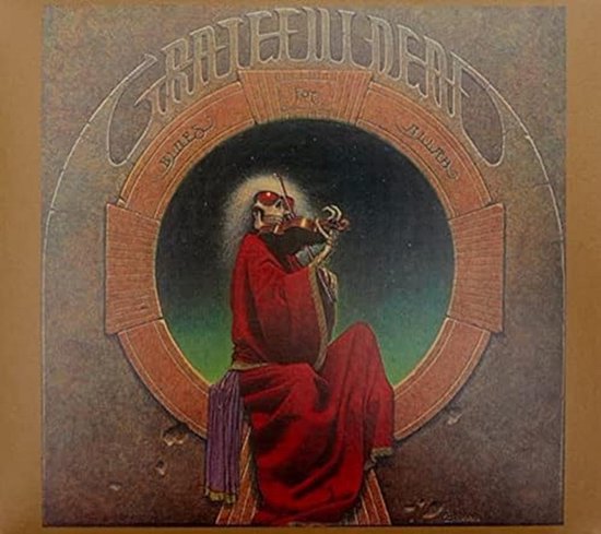 Album cover van Grateful Dead's 'Blues for Allah' met een skelet dat viool speelt.