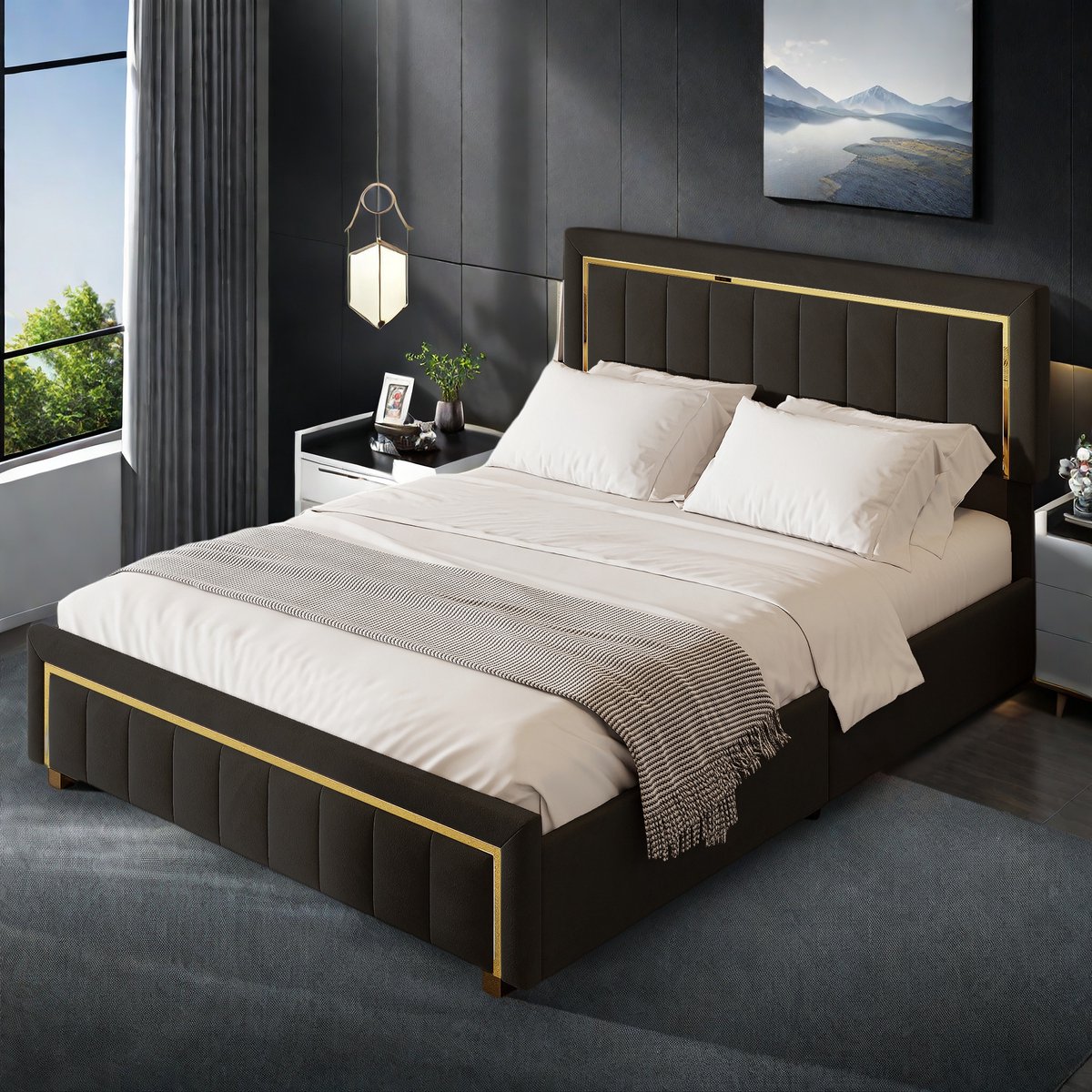 Opbergbed 160x200 cm – Zwart Gestoffeerd Tweepersoonsbed met Gaslift en Ruime Opbergruimte thumbnail 3