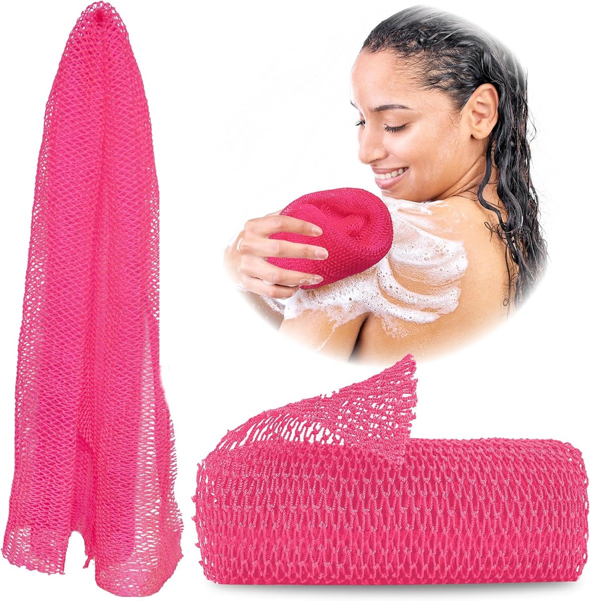 Exfoliërende badhanddoek - lange spons - badhanddoek voor rug en voeten - roze rood