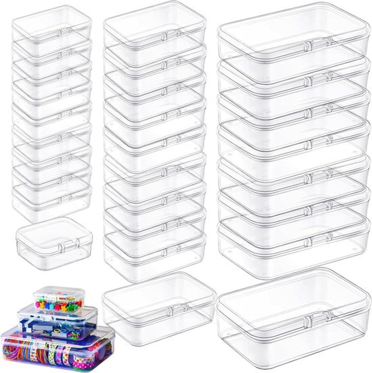 Set van 28 mini rechthoekige opbergcontainers met deksel - Transparant - Voor hobby en knutselprojecten