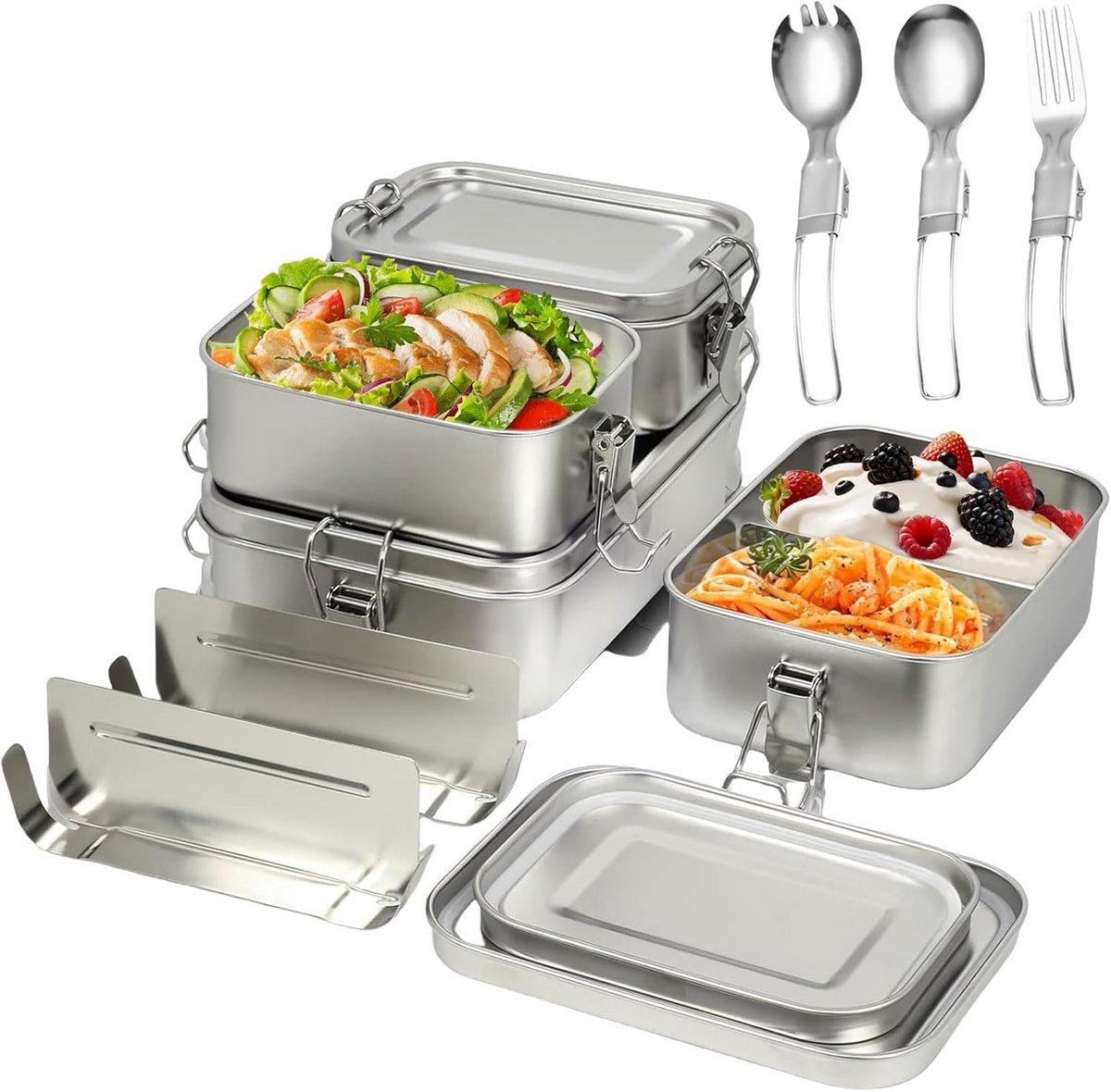 RVS Bento Box Set (4-Delig) - Lekvrije Lunchbox met Bestek en Verdelers