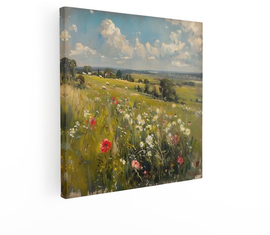 Artaza Canvas Schilderij Bloemenveld - 40x40 cm - Wanddecoratie Landschap Schapen - Muurdecoratie Natuur - Kamer Accessoires
