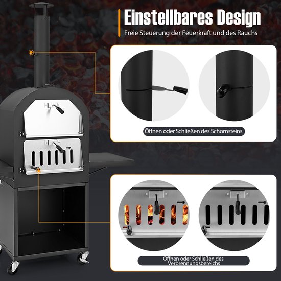 COSTWAY Outdoor pizzaoven, houtgestookte pizzaoven met wielen, afdekking, 30,5 cm pizzasteen, pizzaschep, grillrooster, thermometer, houtoven met opbergruimte voor BBQ, camping [Energieklasse A+] — afbeelding 3