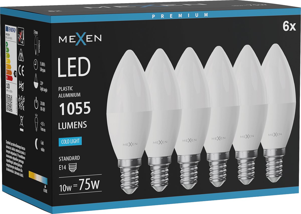 Mexen Nova 6x LED lamp E14, C37, 10W, Koud - 6500K, 1055 lm - L102-E14-1065-01x06