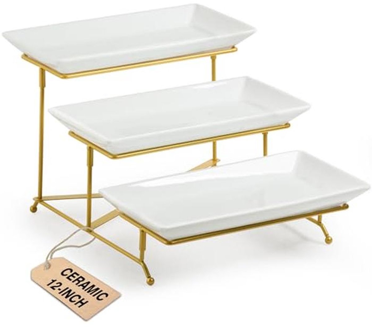Porcelain Serving Bowl Set with 3-Tier Platters and Collapsible Rack for Entertaining