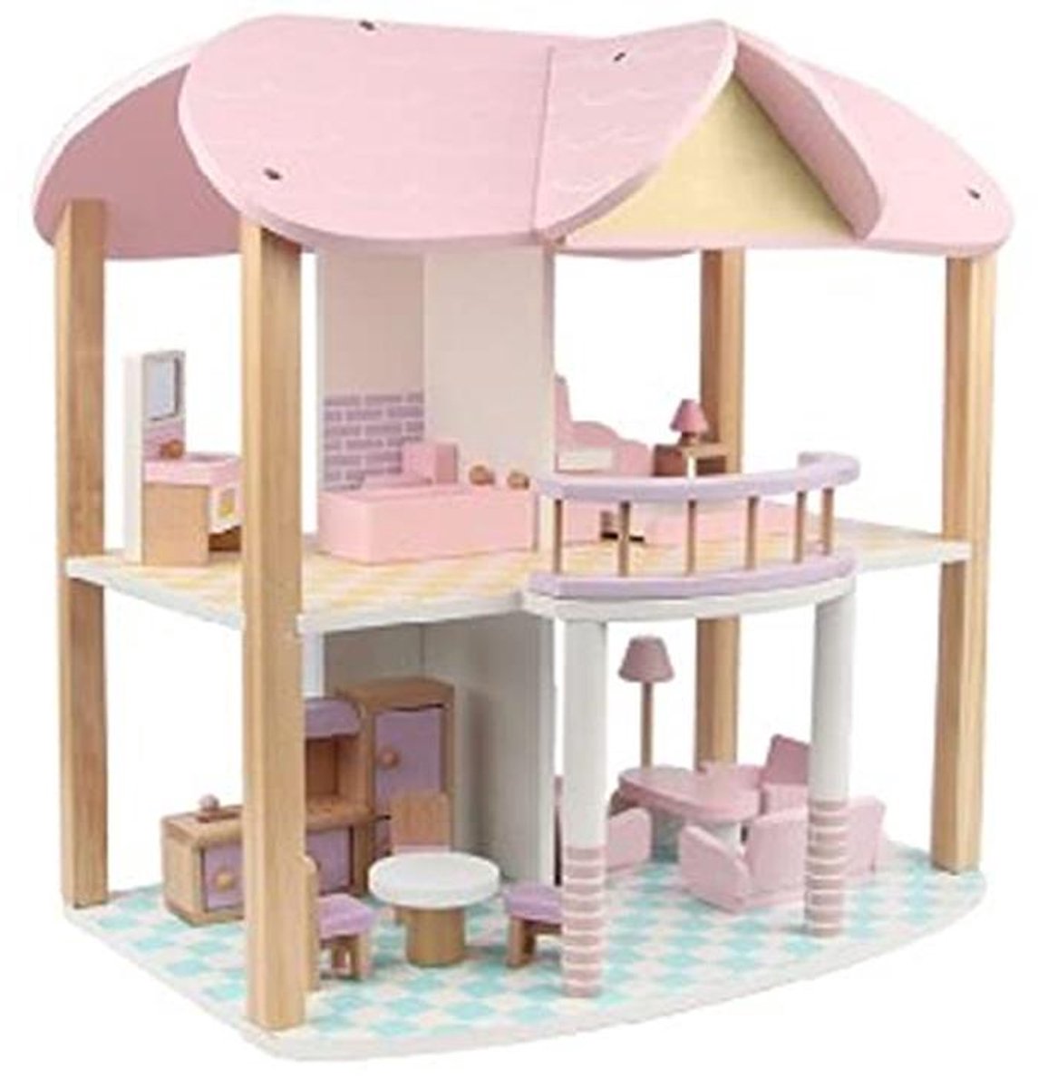 Volledig gemeubileerd houten poppenhuis met 2 verdiepingen en accessoires