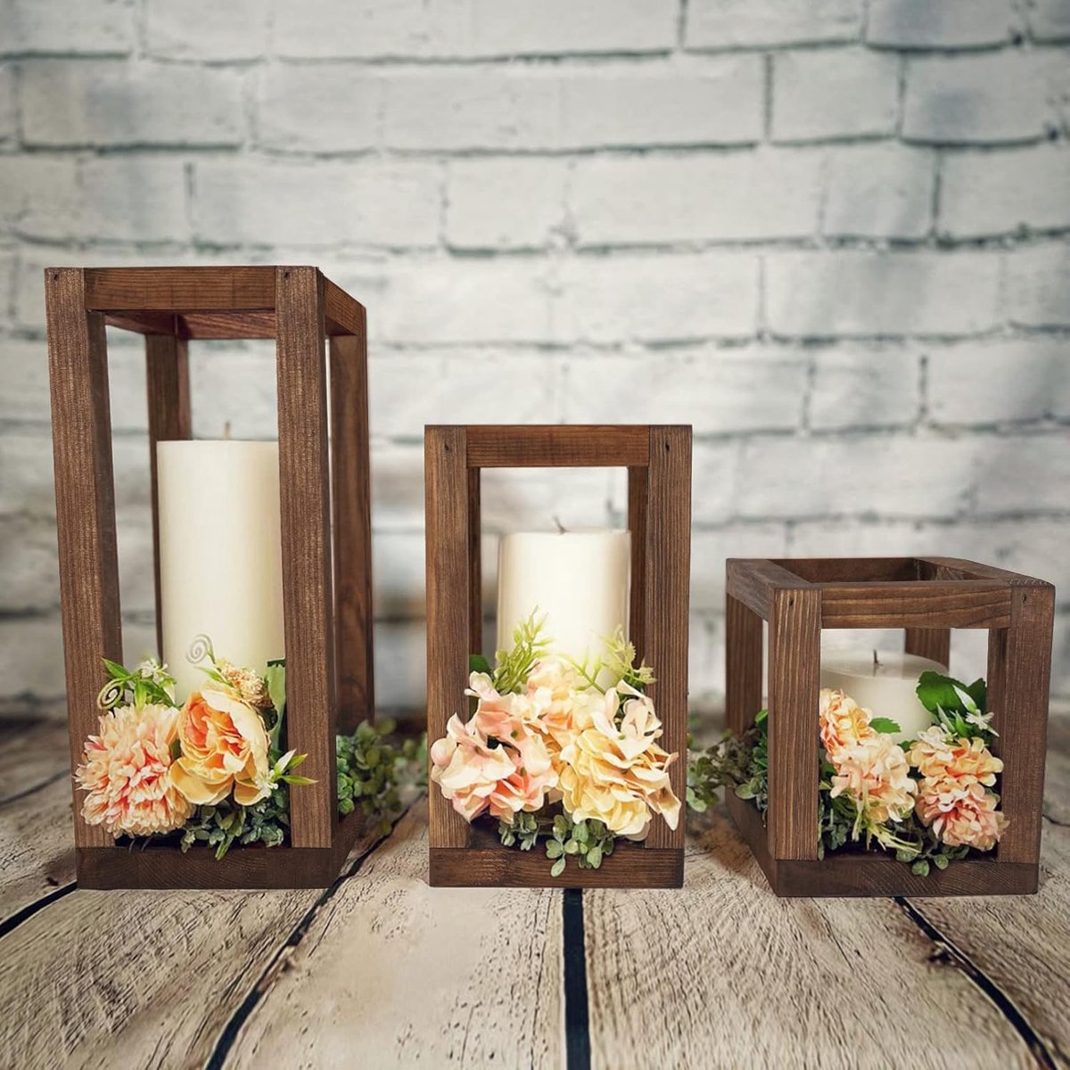Set van 3 Houten Kaarslantaarns voor Rustieke Decoratie en Bruiloften