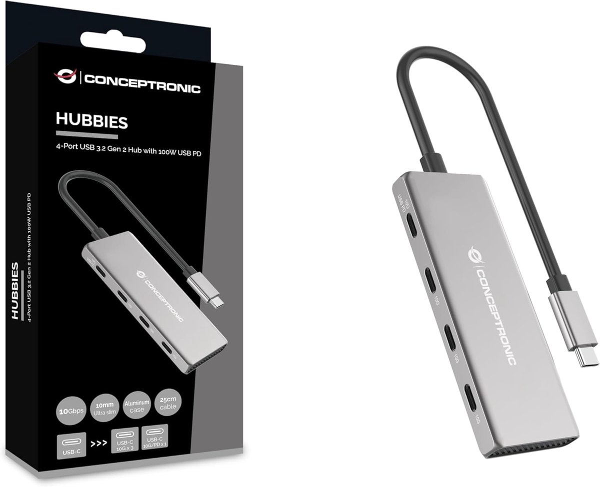 USB-C Hub met 4 Poorten - 10 Gbit/s USB 3.2 Gen 2 & 100W Power Delivery