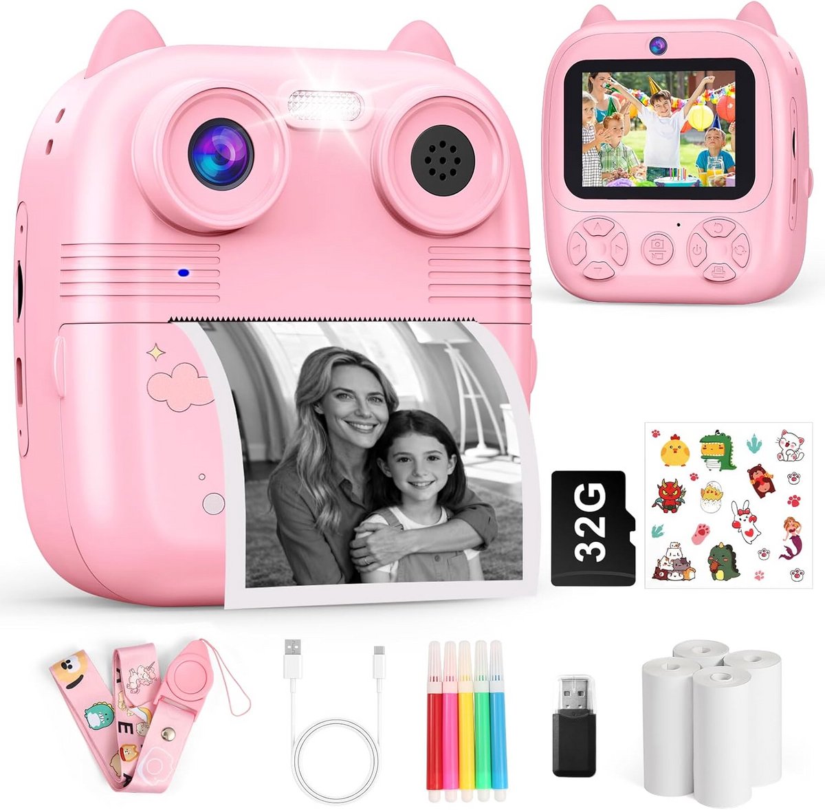Kindercamera Direct Print Camera 1080P HD met 2 Lenzen en 32GB Geheugen