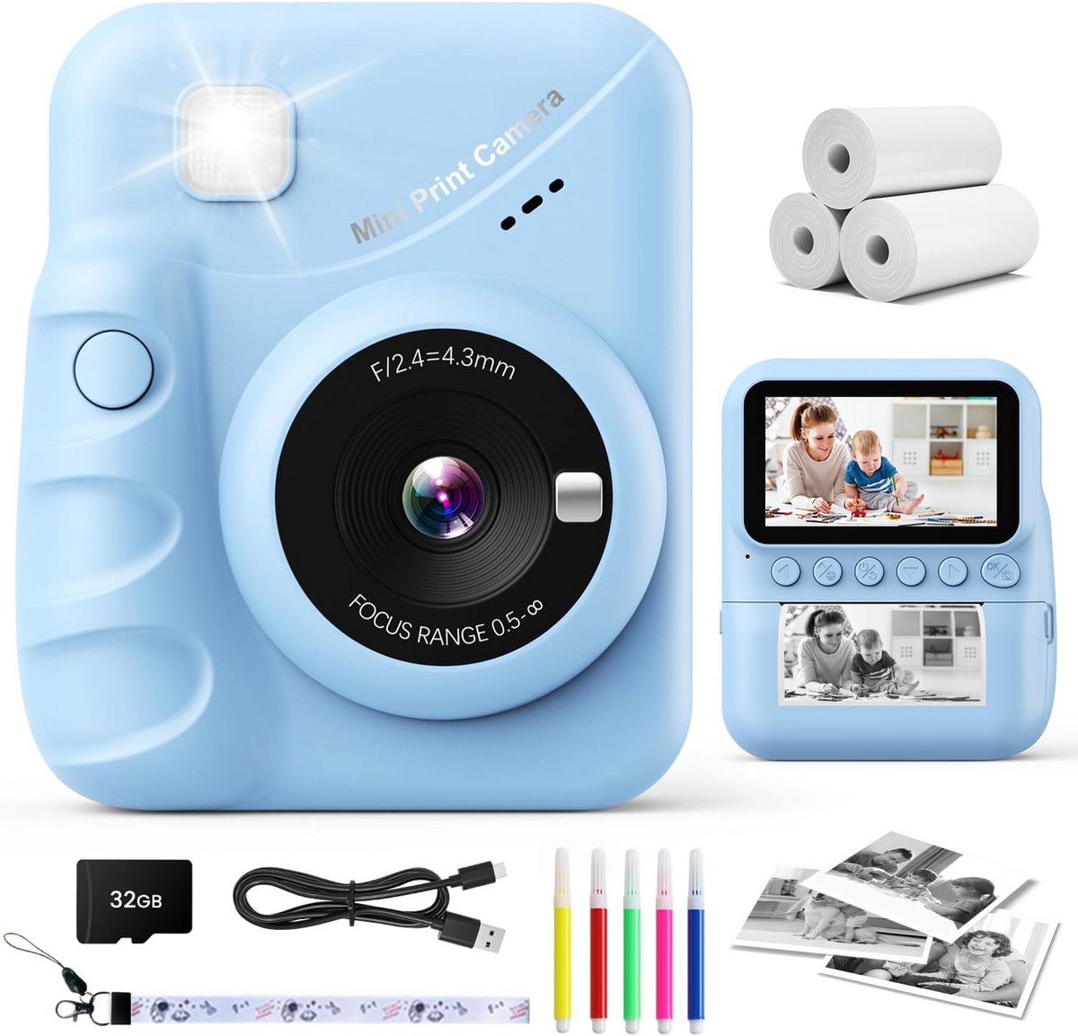 Kindercamera met Direct Print, Oplaadbaar Speelgoed met 32GB Kaart voor Jongens en Meisjes