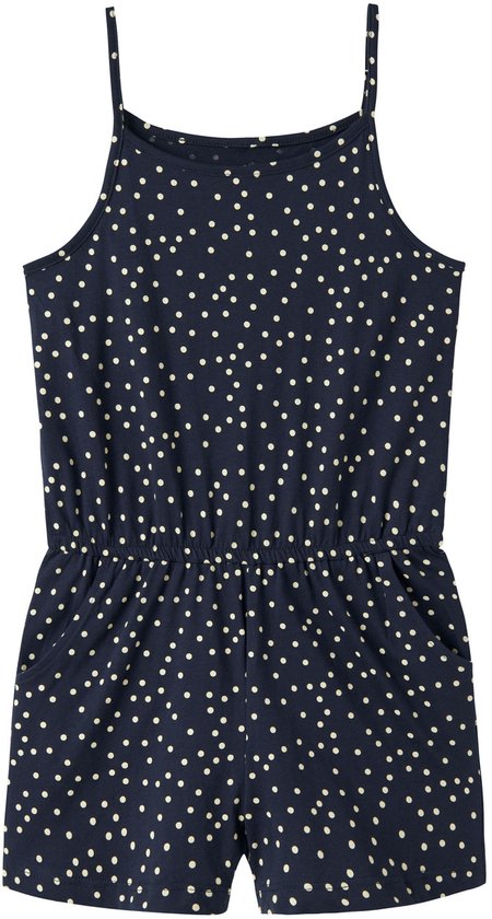 Donkerblauwe jumpsuit met beige stippen, spaghetti bandjes en elastische taille.