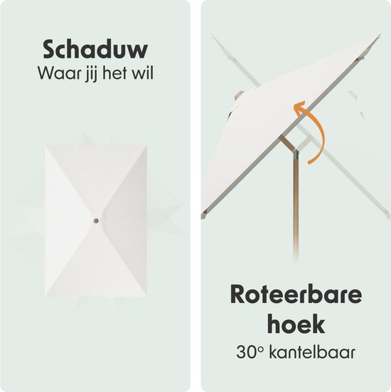Schematisch beeld van een rechthoekige parasol die 30° kantelbaar is.